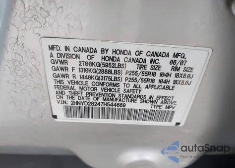 2007 Acura Mdx from USA, damaged, VIN 2HNYD28247H544669